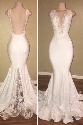 V-neck Open Back Long Prom Dresses  with Lace | Mermaid Sleeveless Formal Dress_1
