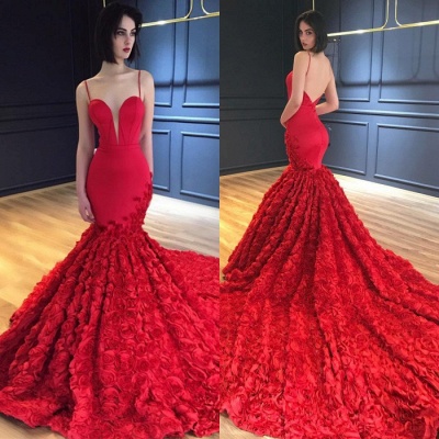 Red Spaghetti-Strap Prom Dress |Evening Dress With Flowers Bottom BA8856_3