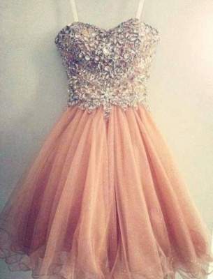 Crystals Short Mini Homecoming Dresses Sweetheart Spaghettis Tulle Coral Luxury Graduation Cocktail Dresses_1