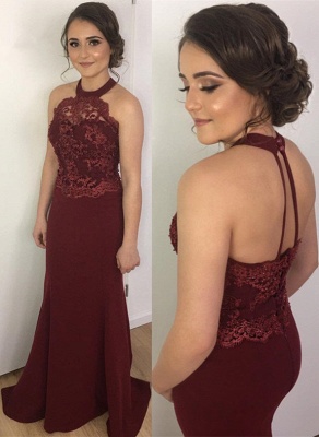 Burgundy Prom Dresses Mermaid Lace Halter Backless Evening Gowns_1