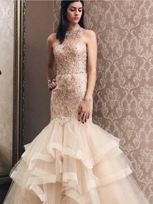 Elegant Mermaid Light Champagne Tulle High Neck Beading Prom Dress | Evening Dress_1