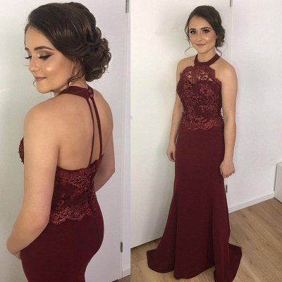 Burgundy Prom Dresses Mermaid Lace Halter Backless Evening Gowns_3