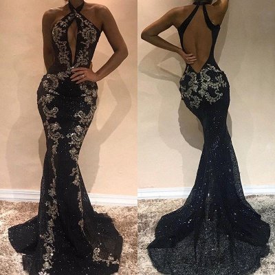Glamorous Halter Black Evening Dress |Mermaid Sequins Prom Dress With Appliques_5