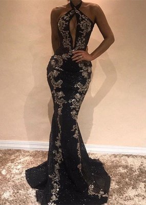 Robe de soirée noire glamour à licou | Robe de bal à paillettes sirène avec appliques_1