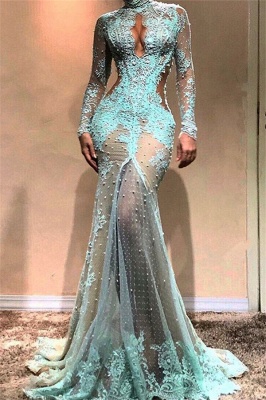 Sexy Lace Pearls Long Sleeve Evening Dress | Keyhole Evening Gown