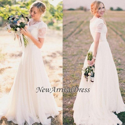 Popular Lace Chiffon Modest V-neck Short Sleeves A-line Wedding Dresses  Online_1