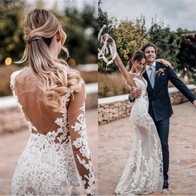 See Through Lace Beach Wedding Dresses Simple | Close-fitting  Long Sleeve Outdoor Bridal Gowns_4