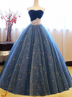 Embroidery Puffy Exquisite Pearls Sweetheart Long Prom Dresses_2