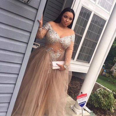 Split Plus-Size Long-Sleeve Crystal Stunning Tulle Prom Dress_4