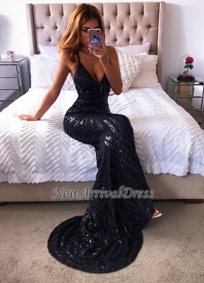 New Spaghetti-Straps Black Mermaid Long Prom Dresses BA8254_1