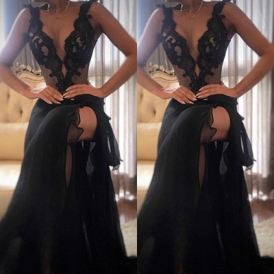 Sexy schwarzes Abendkleid |Spitze Abendkleider mit Schlitz_4