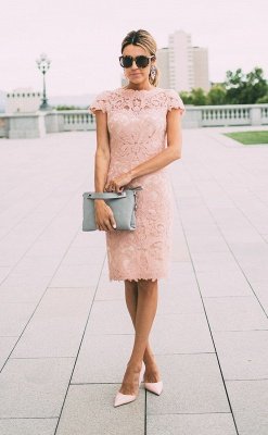 Robe de soirée rose pâle en dentelle | Robe de soirée de mariage longueur genou pas cher en ligne_1