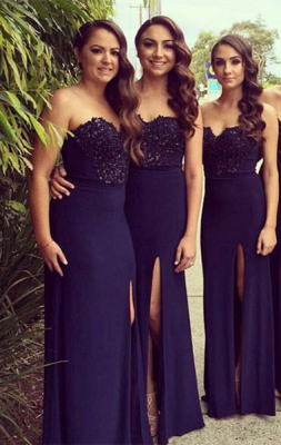 Simple Glamorous Sweetheart Side-Slit Lace Bridesmaid Dresses_2