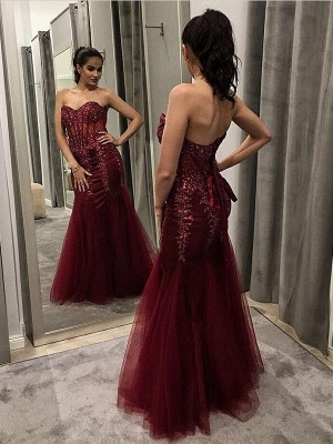 Mermaid Burgundy Tulle Appliques Sweetheart Long Prom Dress with Sequins_3