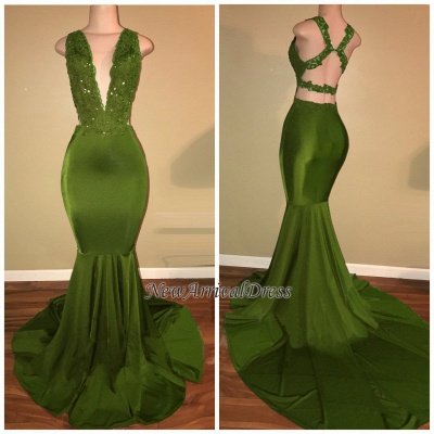 Criss-Cross Sexy Straps Beaded Mermaid Appliques Sleeveless Green Lace Elegant V-Neck Long Prom Dresses  BA7993_1