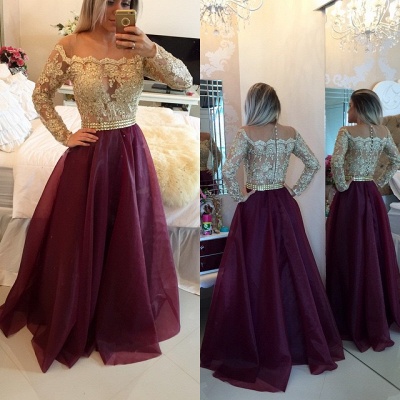 Illusion Long Sleeves Appliques Evening Gowns A-Line Prom Dresses with Buttons_2