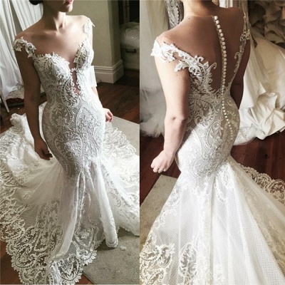 Robe de mariée sexy en dentelle sirène 2021 | Robes de mariée glamour en tulle transparent avec boutons_3