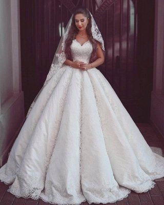 Elegant Lace Straps Wedding Dresses | Puffy Sleeveless Bridal Ball Gowns_1