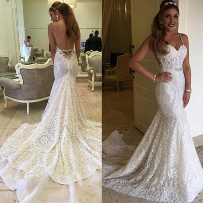 Backless Spaghetti Straps Elegant Mermaid Lace Wedding Dresses  Online_3