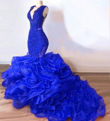 Robes de bal sexy sirène bleu royal | 2021 robes de soirée à volants sans manches à col en V_3