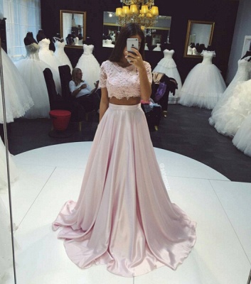 Two-Piece Prom Dresses Pink Lace Short Sleeves Elegant Long Evening Gowns_3