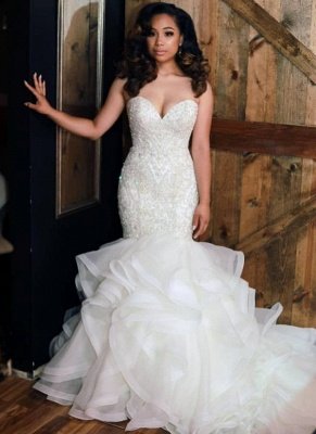 Sexy  Mermaid CheapBeaded Wedding Dresses | Sweetheart Neck Ruffles Skirt Bridal Gowns_1