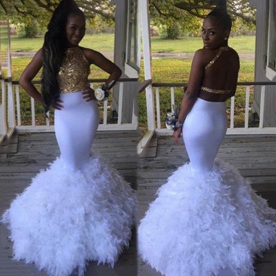 Sexy Gold White Ruffles Prom Dress | Mermaid Prom Dress_5