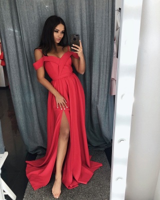 Red Off-the-shoulder A-line Front Split Prom Dress | Prom Dress_5