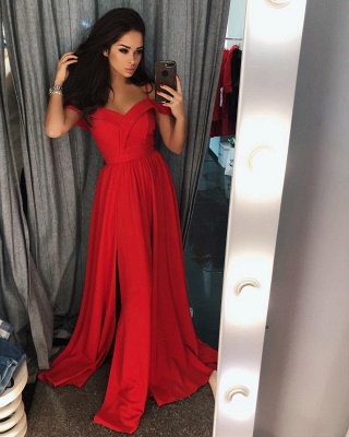 Red Off-the-shoulder A-line Front Split Prom Dress | Prom Dress_1