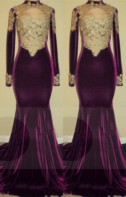 Gold Lace Appliques Velvet Prom Dresses | Mermaid Long Sleeve Prom Gowns on Mannequins BA7801_1