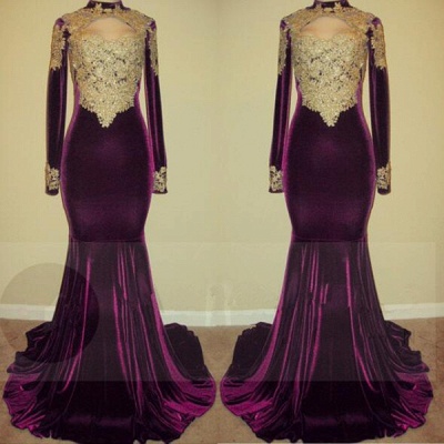 Gold Lace Appliques Velvet Prom Dresses | Mermaid Long Sleeve Prom Gowns on Mannequins BA7801_3