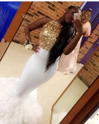 Sexy Gold White Ruffles Prom Dress | Mermaid Prom Dress_3