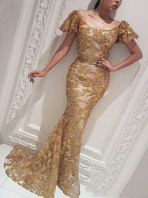 Vestido de fiesta de oro de la hermosa sirena fuera del hombro | Vestido de noche_1