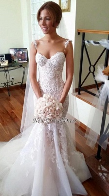 Applique Sleeveless Tulle Spaghetti-Strap Mermaid Long Wedding Dresses  Online_1