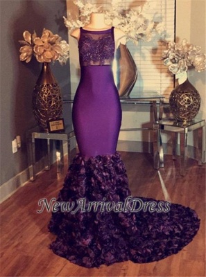 Lace Appliques Sleeveless Purple Mermaid Prom Dresses with Flowers Train_1