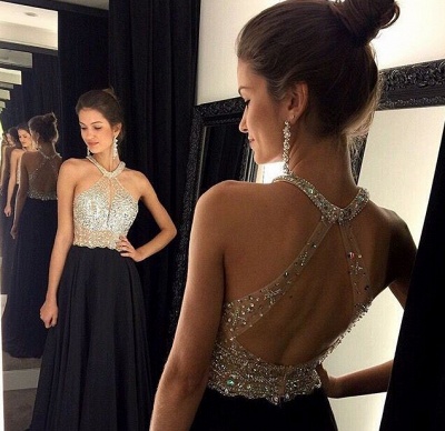 Sexy Black Prom Dresses Halter Neck Crystals Bodice Open Back Chiffon Long Evening Gowns_3