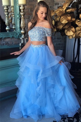Off the Shoulder Crystals Beads Two Piece Prom Dress Blue Organza Tiere Ruffles Formal Gowns FB0227_2