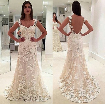 Sleeveless Straps Beautiful Lace Mermaid Open Back Elegant Wedding Dresses_3