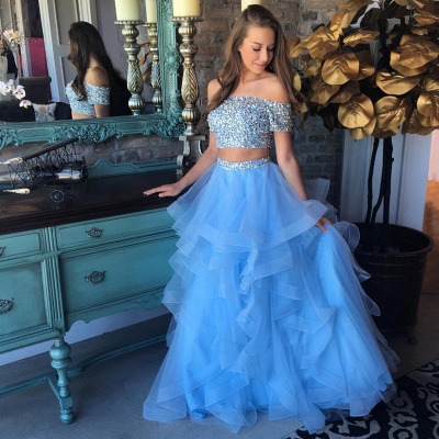 Off the Shoulder Crystals Beads Two Piece Prom Dress Blue Organza Tiere Ruffles Formal Gowns FB0227_3