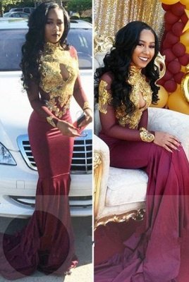 Burgundy long sleeve lace prom dress, mermaidevening gowns BA4987_1