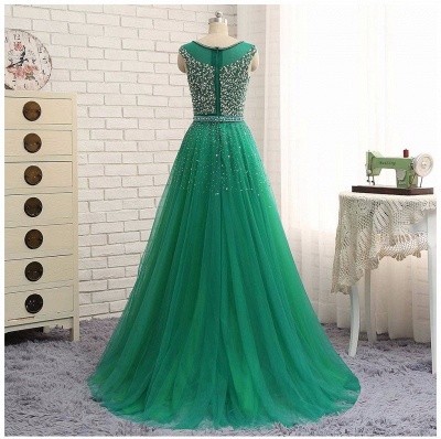 Beaded Custom Made A-line Tulle Brilliant Scoop Sleeveless Green Long Prom Dresses_3