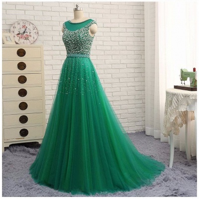Beaded Custom Made A-line Tulle Brilliant Scoop Sleeveless Green Long Prom Dresses_4