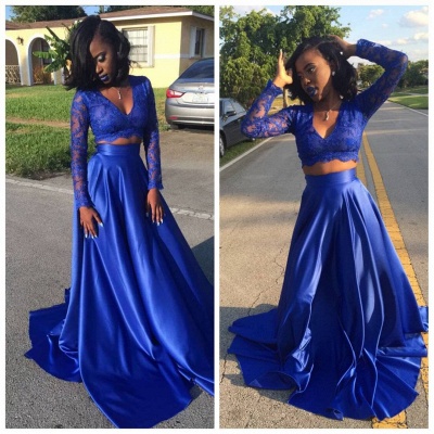 Lace Royal-Blue Long-Sleeve V-neck Two-Piece Prom Dress_3