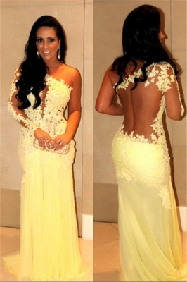 Classical Long Sleeves Yellow Lace Prom Dresses Sheer Chiffon Sheath Mermaid Evening Gowns_1