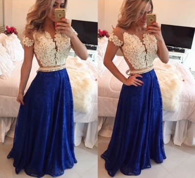 Short Sleeves Lace Long Prom Dresses White&Blue Pearls Beaded Sheer Formal Evening Gowns_2