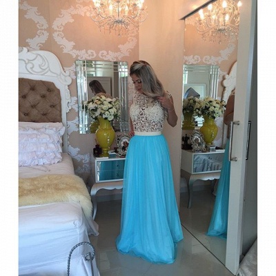 Long Blue Prom Dresses Lace Capped Sleeves Pearls Chiffon Sheer Bodice Formal Evening Dresses_4