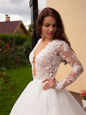 Elegant Long Sleeve Cheap Online New Arrival Button Lace Appliques Princess Glamorous Tulle Wedding Dresses_3