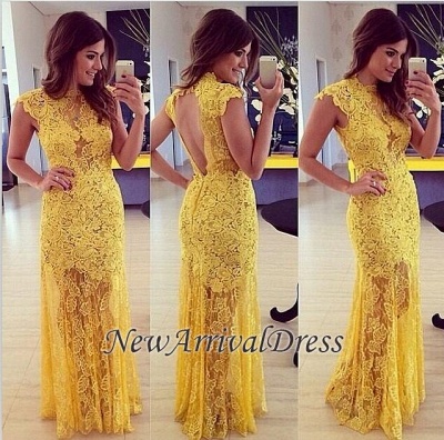 A-line Lace Yellow Modern Long High-Neck Sleeveless Prom Dress_1