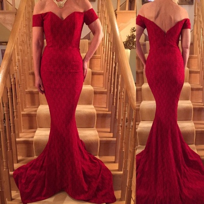 Short-Sleeve Long Mermaid Glamorous Lace Red Prom Dress_3