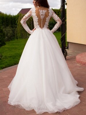 Elegant Long Sleeve Cheap Online New Arrival Button Lace Appliques Princess Glamorous Tulle Wedding Dresses_5
